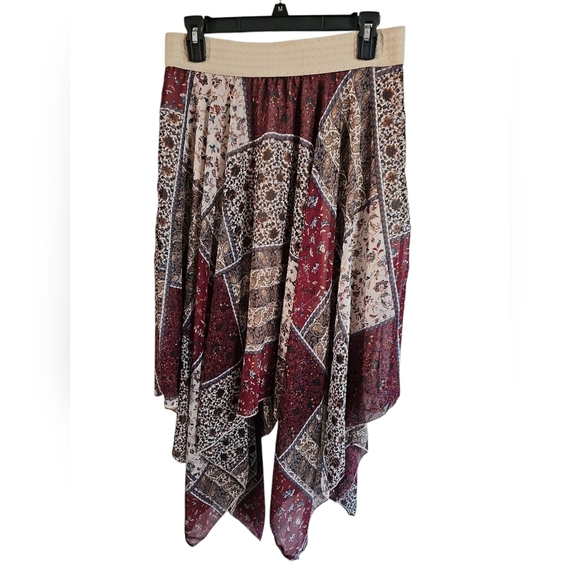 Metro Wear Medium Boho Patchwork Handkerchief Midi Skirt Maroon Paisley Lined - Picture 4 of 7